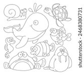under water animal Coloring book or Coloring page for kids. Marine background vector illustration, kids cartoon, color, line art coloring pages, black and white kids book pages, under water book 
