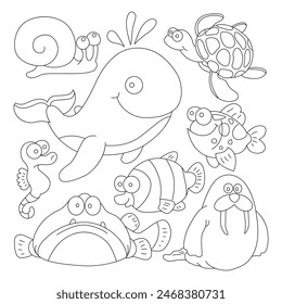 under water animal Coloring book or Coloring page for kids. Marine background vector illustration, kids cartoon, color, line art coloring pages, black and white kids book pages, under water book 