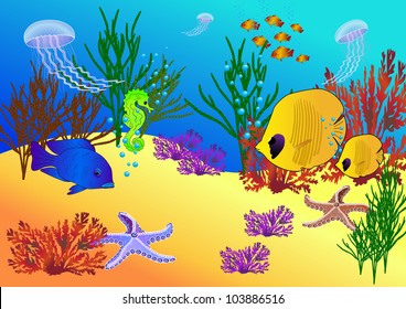 Under water animals, algae and breathing bubbles. Vector illustration on EPS 8