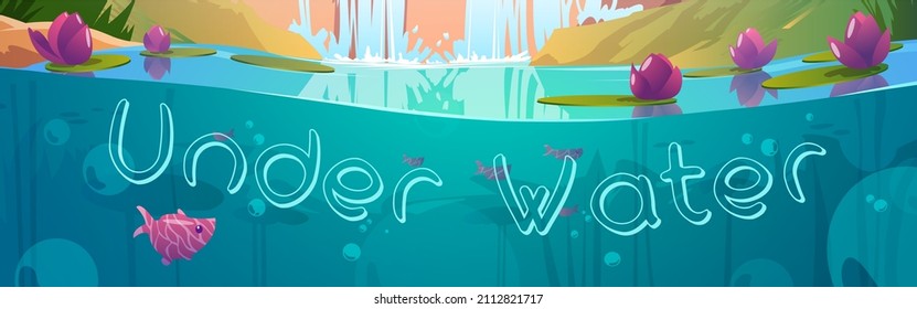 Under water background, cartoon banner with pond, air bubbles, fish and nenuphar flowers floating at sunlight beams cross section view, underwater scene for game or book, Vector illustration