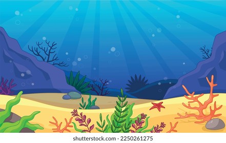 Under water background. Sea or ocean and landscape. Sea star and algae. Poster or banner for website. Flora and fauna. Colorful foliage, botany and floristry. Cartoon flat vector illustration