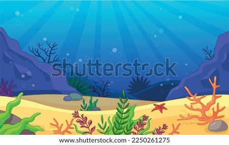 Under water background. Sea or ocean and landscape. Sea star and algae. Poster or banner for website. Flora and fauna. Colorful foliage, botany and floristry. Cartoon flat vector illustration