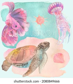 Under water. Colorful fish, jellyfish and turtle. Hand painting watercolor illustration. Under ocean, wildlife.