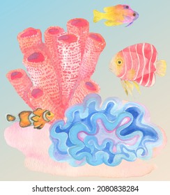 Under water. Colorful fishes and corals. Hand painting watercolor illustration. Under ocean, wildlife.