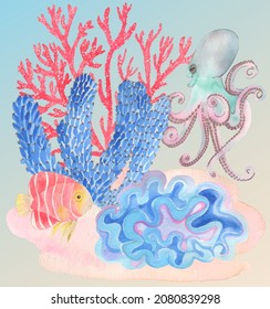 Under water. Colorful octopus, fish and corals. Hand painting watercolor illustration. Under ocean, wildlife.