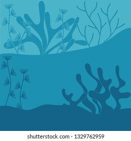 Under water contours and silhouettes of plants. Background, scenery. Vector hand drawn illustration on blue background