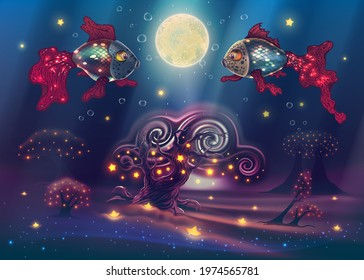 Under water fantasy world with magic fishes in dark sea or ocean with unusual trees, forest, bright stars, deep space landscape with wildlife in vector. High detailed illustration.