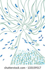 	Under the water is a girl and a fishes. The girl has waving green hair. On the girl's dress pattern of flowers and twigs.