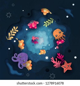 Under water life cute cartoon background