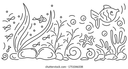 Under Water. Marine Vector Motif . Doodle Of The Underwater World, Sea, Ocean, River . Copy The Space For The Text.  Monochrome. Aquariums