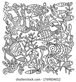 Under water. Marine vector motif . Doodle of the underwater world, sea, ocean, river . Monochrome. Aquariums. Anti-stress coloring books page for adults and children