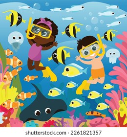 Under the water near the coral reefs children swim divers along with fish, jellyfish and stingray. Picture for children's puzzles underwater sea world.