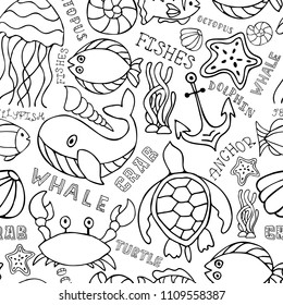 Under water ocean fauna seamless doodle funny background with hand drawn lettering. Marine sea animals life. Vector. Marine inhabitants: whale, crab, turtle, fish, jellyfish.Underwater atlantic fauna