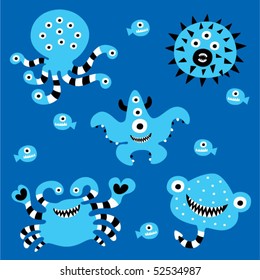 under water ocean monster doodle wallpaper in blue