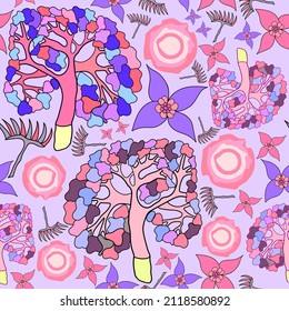 Under water sea abstract plants seamless pattern. Colorful plants, flowers and trees underwater seamless surface pattern design.