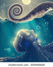 Under water sea devil or octopus monster in blue water with waves, splashes, ocean deep dark space with bubbles over dark sky with moon, night landscape illustration in vector.