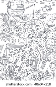 Under Water Sea Life Drawn In Line Art Style. Coloring Book Page Design. Vector Illustration