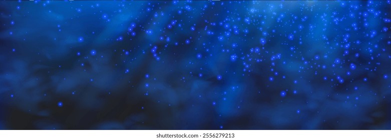 Under water soft dark blue gradation bg with glowing particles, texture and overlay effects. Dark background with photo fluorescent plankton and microorganisms. Gradient mesh vector illustration