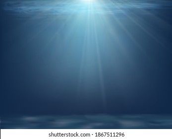 Under water with wave in deep blue on the island, Cartoon ocean with sun rays shining, Abstract marine design template for summer with blue ocean, under the sea background, Vector mesh
