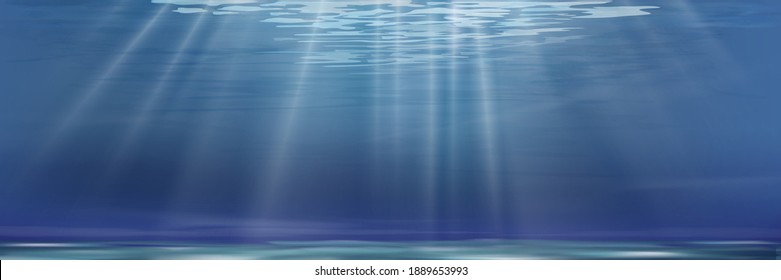 Under water with wave in deep blue on the island, Cartoon ocean with sun rays shining, Abstract marine design template for summer with blue ocean, under the sea background, Vector mesh horizontal