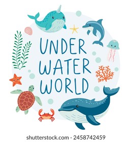 under water world. World ocean day. underwater ocean background. dolphin, whale, killer whale, coral, sea plants, crab and turtle. vector illustration