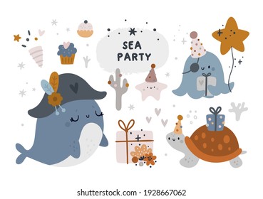 Under water world. Sea festive animals: plants, corals, flowers, fish, turtle, octopus, whale, star. Happy birthday vector cartoon clipart. Baby shower hand drawn illustration for kids