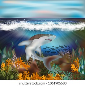 Under waterwallpaper with Shark, vector illustration