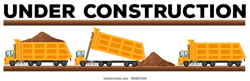 Underconstruction scene with three dump trucks illustration