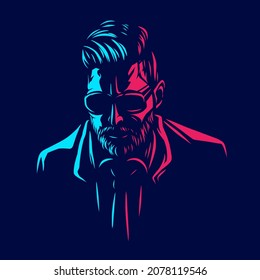 Undercut pompadour man logo line pop art potrait colorful design with dark background. Abstract vector illustration.