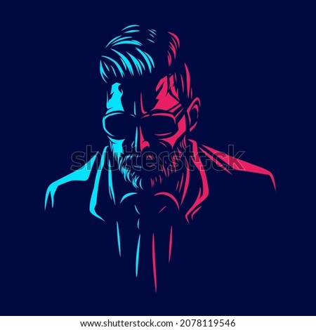Undercut pompadour man logo line pop art potrait colorful design with dark background. Abstract vector illustration.