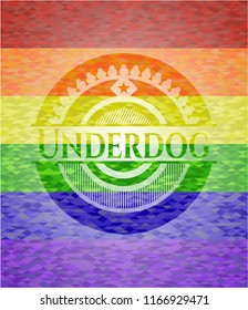 Underdog emblem on mosaic background with the colors of the LGBT flag