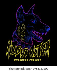 Underdog Project slogan print design with doberman line art illustration in bright colors