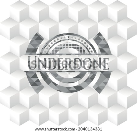Underdone realistic grey emblem with cube white background. 
