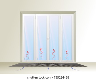 Underfloor Convector Under The Window. The Hot Air Flow Is Shown By Arrows. HVAC Vector Illustration.