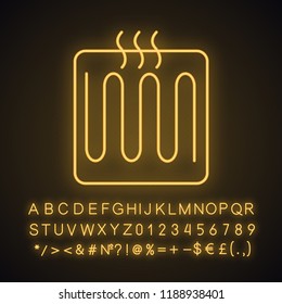 Underfloor heating element neon light icon. Floor heating system. Heater. Glowing sign with alphabet, numbers and symbols. Vector isolated illustration