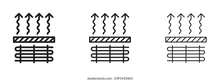 Underfloor Heating vector icon set. Radiant thermal heater vector symbol for UI designs in black and white color.