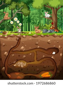 Underground animal burrow with animals in the forest illustration