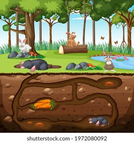 Underground animal burrow with mole family illustration