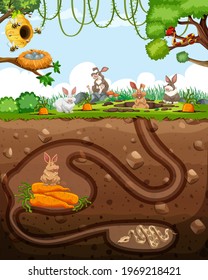 Underground animal burrow with rabbit family illustration