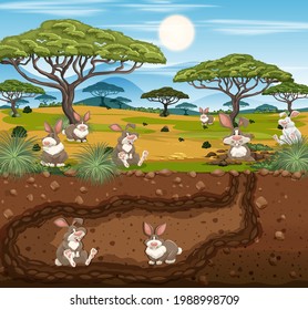 Underground animal burrow with rabbit family illustration
