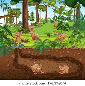 Underground animal burrow with rat family illustration