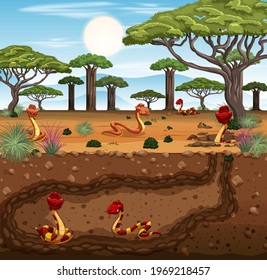 Underground animal burrow with snake family illustration