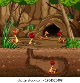 Underground animal burrow with snake family illustration