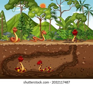 Underground animal burrow with snake family illustration