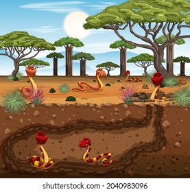 Underground animal burrow with snake family illustration