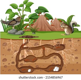 Underground animal hole in cartoon style illustration