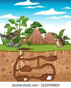 Underground animal hole in cartoon style illustration