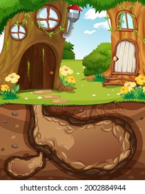 Underground animal hole with ground surface of the garden scene illustration