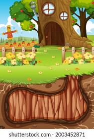 Underground animal hole with ground surface of the garden scene illustration
