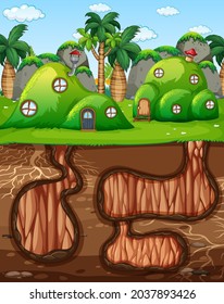 Furo de animal subterrâneo com superfície de terra da ilustração da cena do jardim